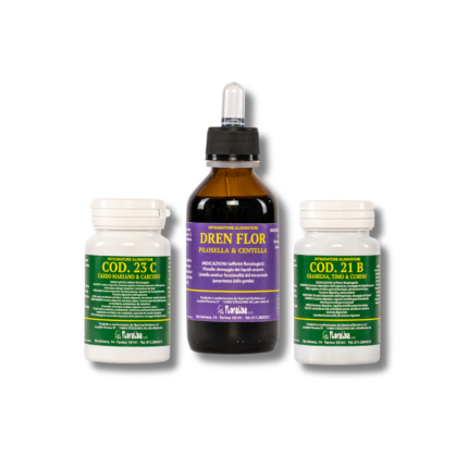 Bundle Floralba composto da Cod 23 C, Cod 21 B e Dren Flor, percorso naturale in tre fasi per depurazione, benessere intestinale e drenaggio dei liquidi.