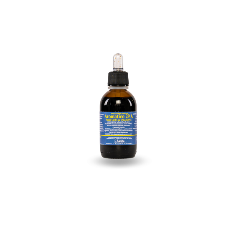 Ingredienti e (tra parentesi) loro dose giornaliera: Soluzioni idroalcoliche di: Passiflora incarnata Lerba (330mg),Valeriana officinalis L. rizoma (330 mg), Melissa oficinalis L. foglie (330 mg), Matricaria Chamomilla L.- Camomilla capolini- (330 mg), Crataegus oxyacantha Medicus - Biancospino fori (330mg), Tillia tomentosa MOENCH - Tiglio fiori (330mg). Indicazioni fisiologiche (claims): VALERIANA: rilassamento (sonno, in caso di stress). MELISSA: funzione digestiva, rilassamento e benessere mentale. CAMOMILLA: azione emolliente e lenitiva (sistema digerente), rilassamento (sonno) e benessere mentale. PASSIFLORA: Benessere mentale. BIANCOSPINO: rilassamento e benessere mentale Modo d'uso: Per un corretto consumo alimentare è preferibile assumere diluire 30-50 gocce di prodotto in acqua 2 volte al giorno