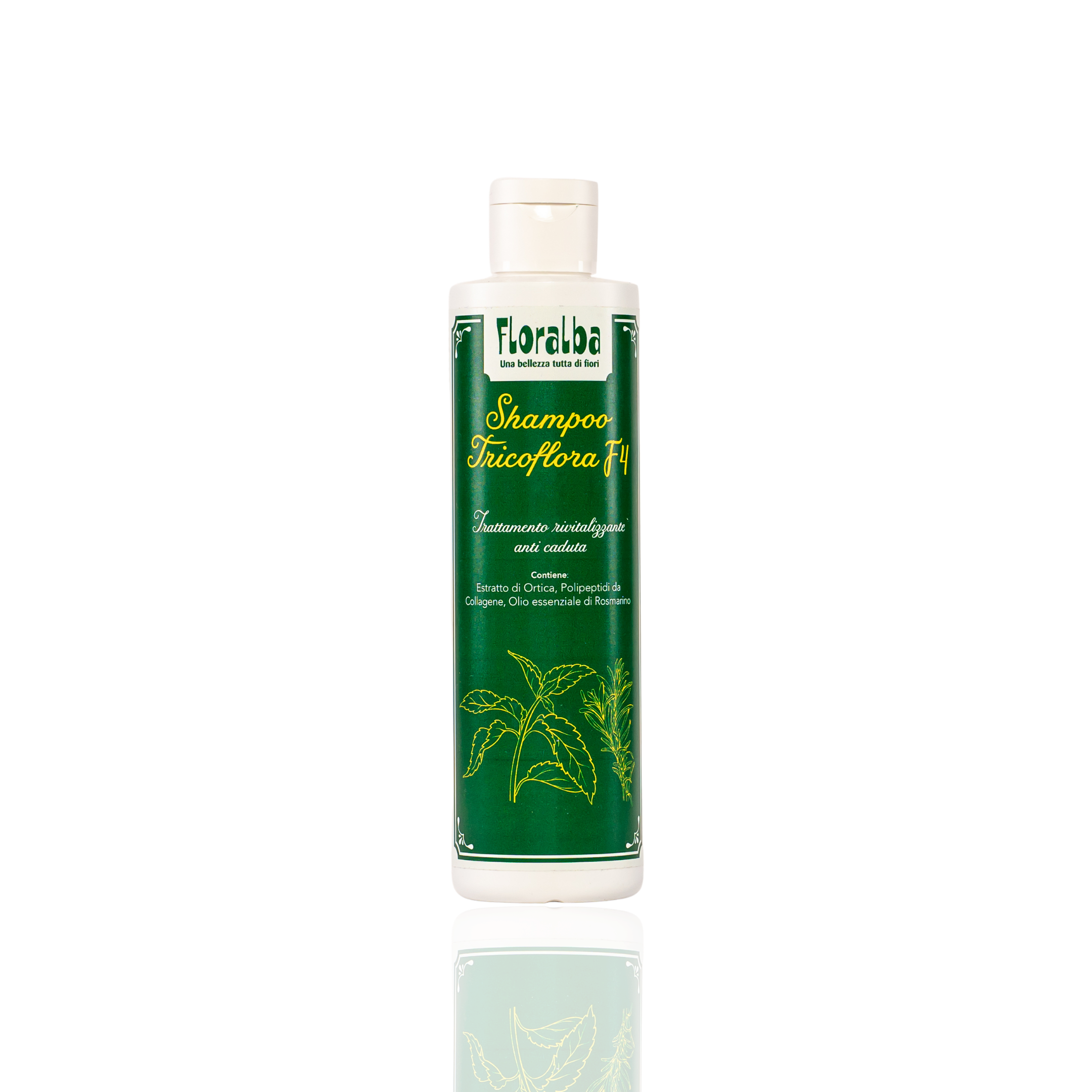 Shampoo tricoflora F4 Ingredienti e (tra parentesi) loro dose giornaliera: AQUA,SODIUM COCO SULFATE, LAURAMIDOPROPYL BETAINE, GLYCERIN, COCAMIDE DEA, URTICA DIOICAEXTRACT. HYDROLYZED COLLAGEN, ROSMARINUS OFFICINALIS OIL, LIMONENE, LINALOOL, SODIUM PHYTATE, HETHYLHEXYLGLYCERIN, SODIUM CLORIDE, C119140. Indicazioni fisiologiche (claims): Azione rivitalizzante e anticaduta. Modo d'uso: Versare una dose di prodotto sui capelli bagnati. Massaggiare delicatamente la cute e sciacquare abbondantemente. Per ottenere un risultato ottimale, si consiglia di utilizzare il prodotto in associazione alla lozione tricoflora F4.
