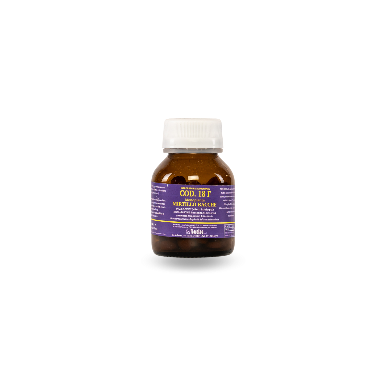 cod 18 f Ingredienti e (tra parentesi) loro dose giornaliera: Mirtillo bacche polvere – Vaccinium myrtillus L.- (900 mg), Mirtillo bacche estratto secco titolato all’1% di antocianine (770 mg di cui 7,7 mg di antocianine), gomma arabica, maltodestrine, magnesio stearato. Indicazioni fisiologiche (claims): Mirtillo bacche: funzionalità del microcircolo (pesantezza delle gambe). Benessere della vista. Antiossidante. Regolarità del transito intestinale. Modo d'uso: Per un corretto consumo alimentare è preferibile assumere 3-4 tavolette al giorno ( prima dei pasti)